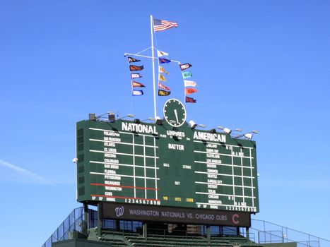 Famous scoreboard and bleachers before a Cubs game against the Washington Nationals