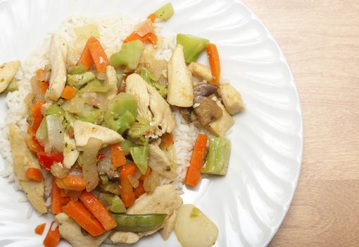 An overhead shot of a delicious plate of chicken stir fry.