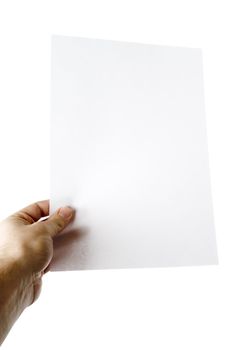 A males hand holding up a white paper with nothing on it (put on your own text or image or leave as blank).  Isolated on white with clipping path.
