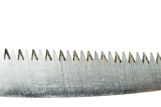 The teeth of a well used camping saw, isolated on white with clipping path.