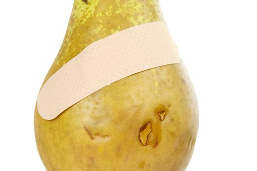 A bruised pair with an adhesive bandage on it. Isolated on white with clipping path.