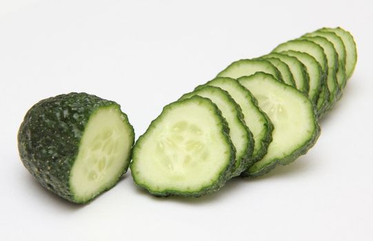 Slices of cucumber on a white background.
