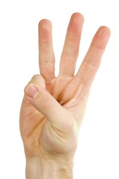 Three fingers on a male hand being held in the air.  Isolated on white with clipping path.