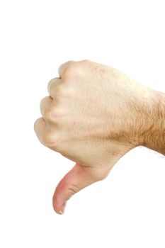 A thumbs down sign from a male hand.  Isolated on white with clipping path.