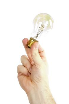 A male hand holding a light bulb.  A good idea concept image.  Isolated on white with clipping path.