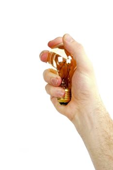 A male hand holding a light bulb.  A good idea concept image.  Isolated on white with clipping path.