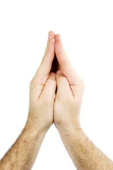 Praying male hands isolated on white with clipping path.
