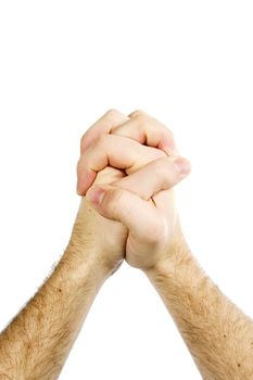 Praying male hands isolated on white with clipping path. (vertical format)