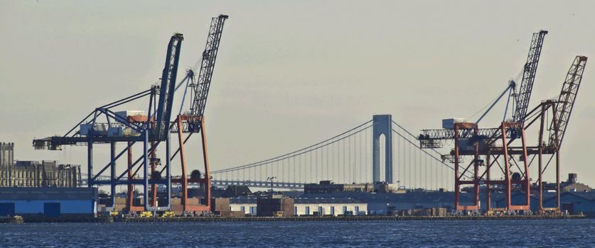 view of the Verrazano Narrows Bridge in the harbor of NYC