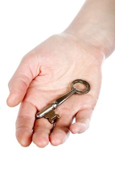 A concept image of a womans hand holding a key on an open palm. Isolated on white with clipping mask.