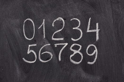 ten arabic numerals handwritten with white chalk on a blackboard