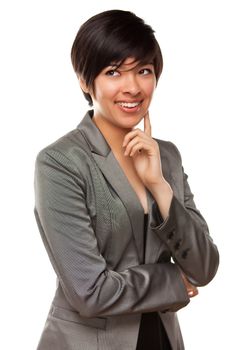 Pretty Thinking Multiethnic Young Adult with Eyes Up and Over Isolated on a White Background.