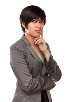 Pretty Thinking Multiethnic Young Adult with Eyes Up and Over Isolated on a White Background.