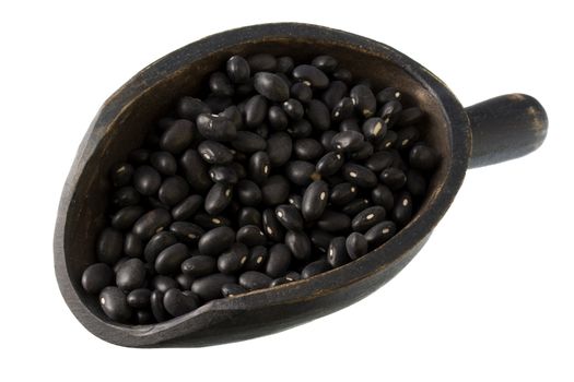black turtle beans on a primitive, wooden, dark painted scoop, isolated on white