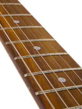 guitar neck with strings. Close up on white background