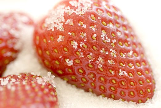 brightly lit strawberries coated with sugar granules