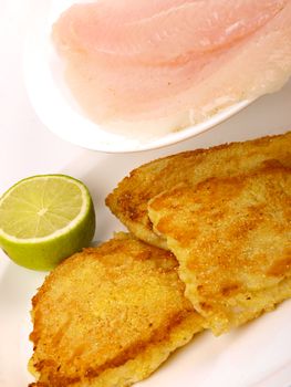 Fish Filet with lemon. Close up on white background