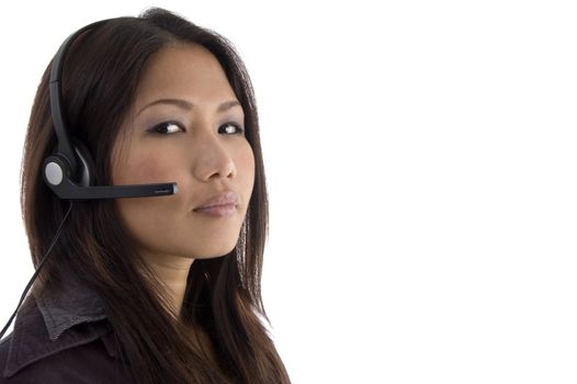 portrait of woman with headphone on an isolated  white background