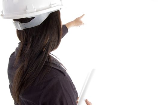 female architect pointing with white background