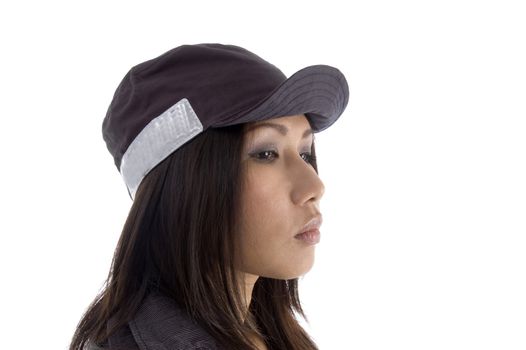 side pose of female wearing security cap with white background