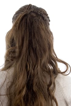 young female posing with stylist hairstyle on an isolated white background