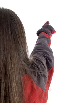 back pose of female pointing  against white background