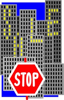 stop sign, sale of apartments, a symbol of the sale, selling a home, many high-rise, high-rise district, a great city, lots of windows, the sign for sale, yellow light