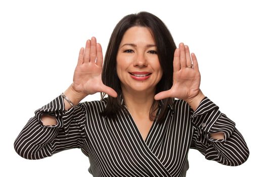 Attractive Multiethnic Woman with Hands Framing Her Face Isolated on a White Background.