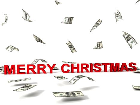 three dimensional isolated merry christmas text and flying dollars