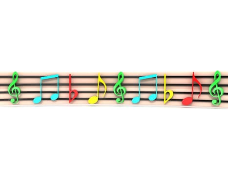 front view of isolated three dimensional colorful musical clefs