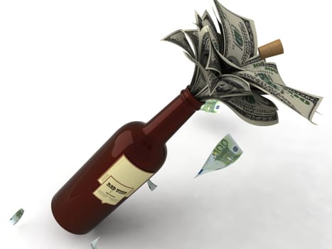 three dimensional view of money in a wine bottle on an isolated background

