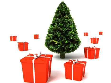 three dimensional green christmas tree with gifts pack against white background