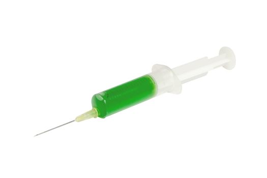 Injection with green fluid - isolated on white