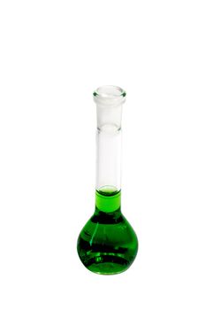 Volumetric flask with green fluid - isolated on white background