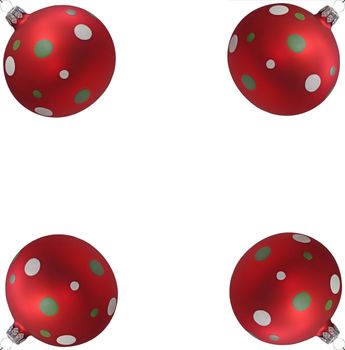 Four red christmas tree balls with spots, isolated on white background