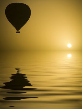 A hot air Balloon backlit by the rays of the morning Sun.

(with water reflection)