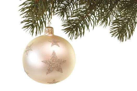 Whit christmas glitter ball hanging on a fir branch