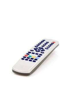 Close up of a grey remote control on white background