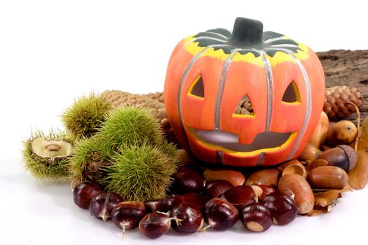 Halloween pumpkin with decoration on bright background