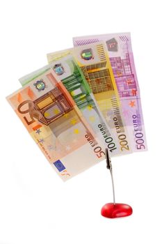 Clipped European bank notes on white background