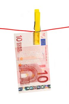 10 Euro Bill on a Clothes Line on White Background