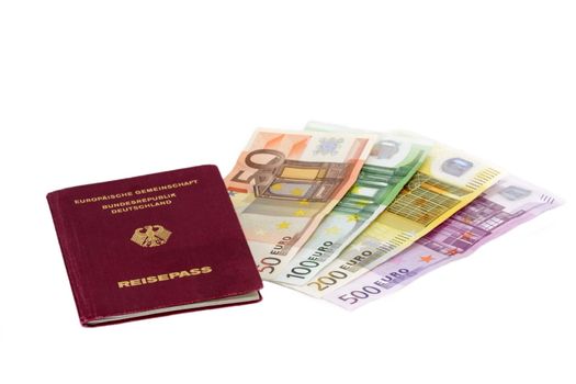 German passport with European bank notes - isolated on white