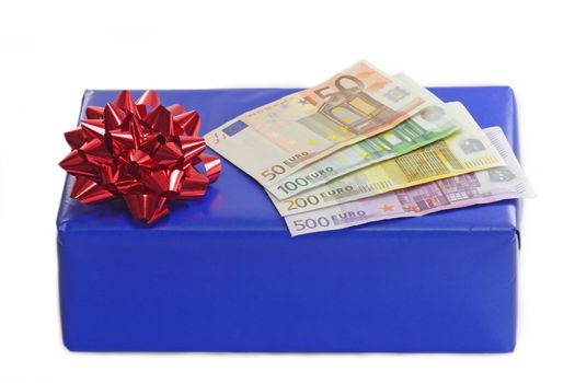 Blue packet with Euro bills on white background