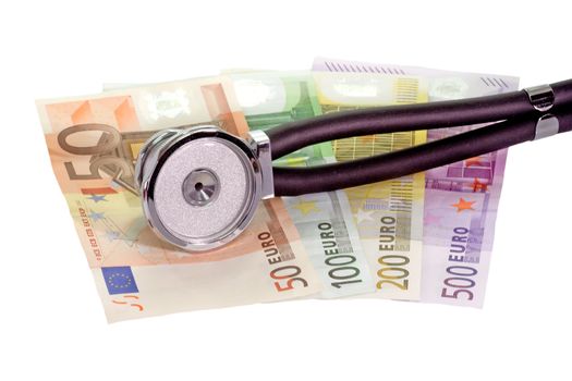 Stethoscope with Euro notes - isolated on white background