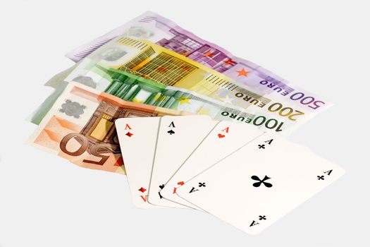 Four aces on euro notes - isolated