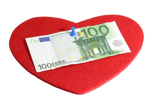 100 Euro note on a red heart - isolated on white