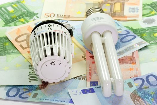 
Thermostat with energy saving light bulb with banknotes in background