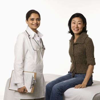 Indian woman doctor with Asian woman patient.