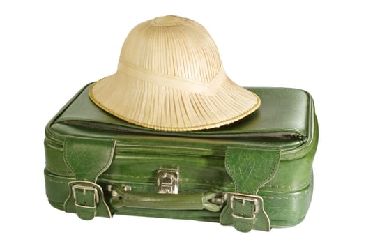 Green suitcase with safari hat - isolated on white background