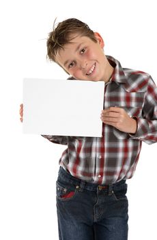 A smiling boy holding your sign, advertisement, award, placard, message or other.  White background.